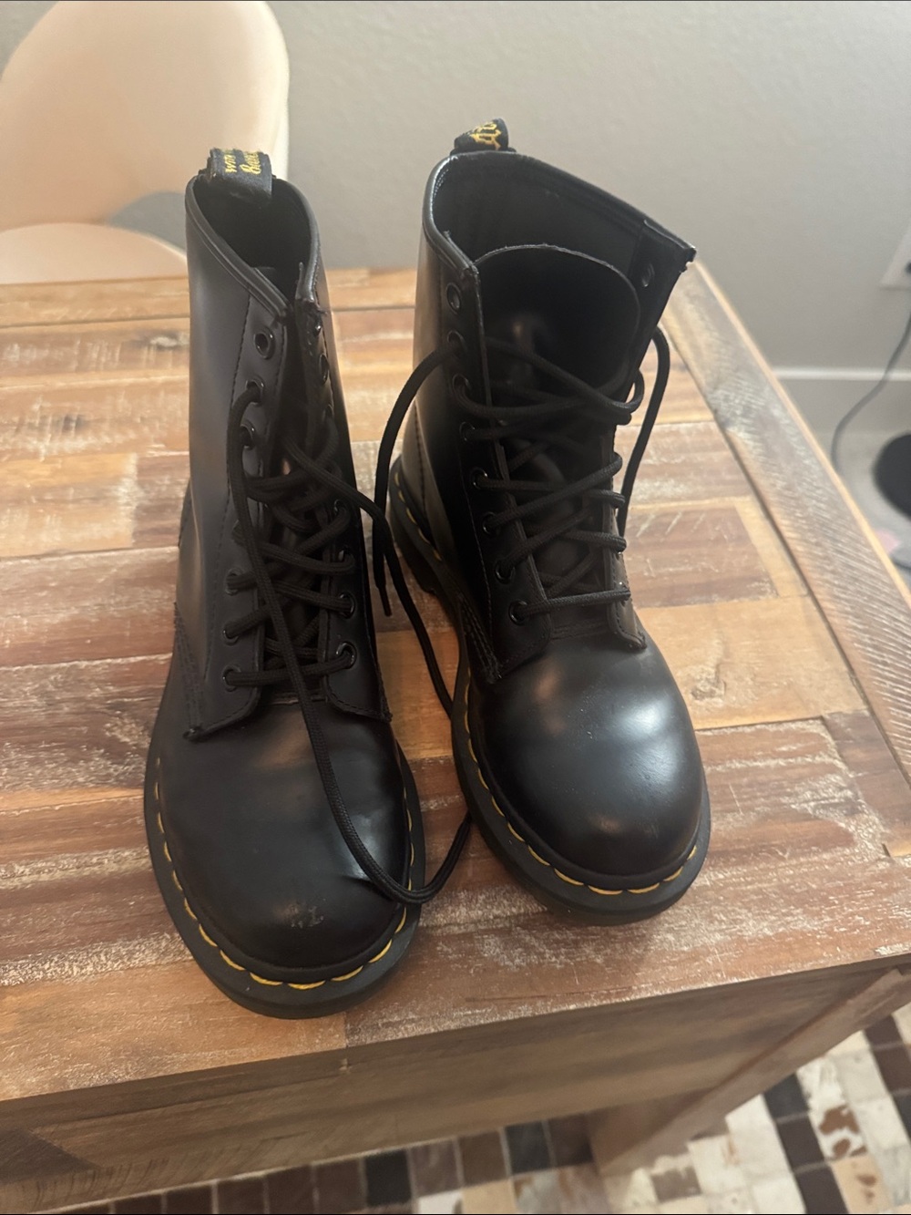 Black Leather Lace-Up Combat Boots with Yellow Stitching